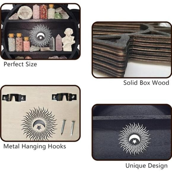 Crystal Display Shelf Wall Mounted Lotus Moon Boho Floating Wooden Decor - Picture 5 of 8